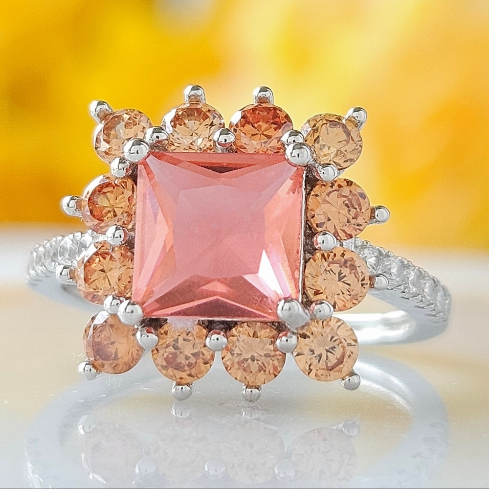 Pink and Peach Square gemstone ring, 925 Sterling Silver  Charmed Aroma